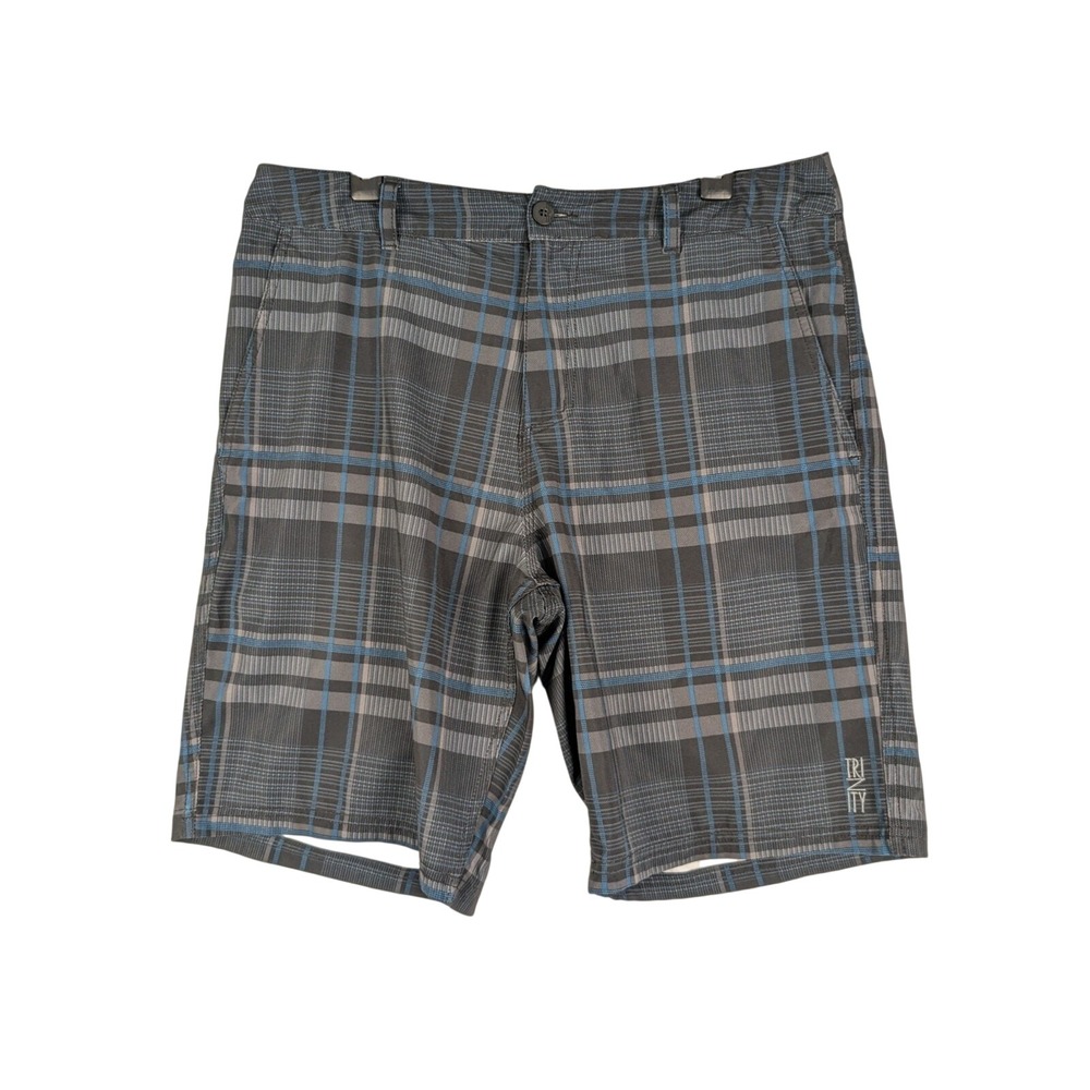 Trinity Collective Dual Purpose Shorts Mens 34 Grey Blue Plaid Hybrid Boardshort